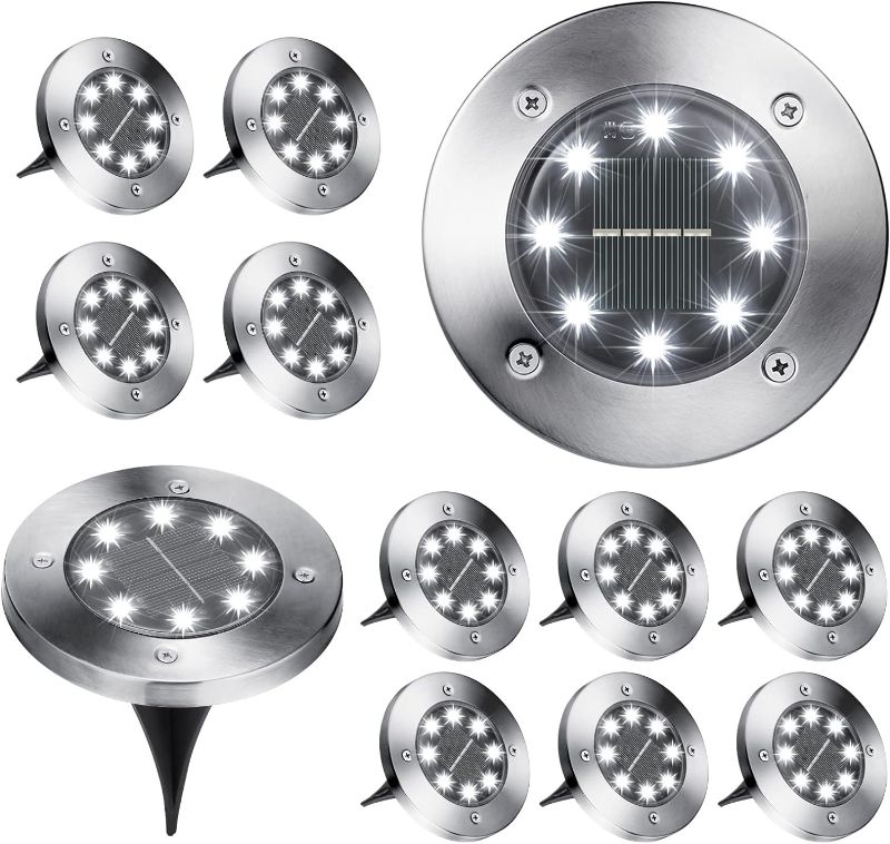 Photo 1 of Solar Ground Lights, 12 Pack 8 LED Solar In-Ground Lights, Waterproof Solar Disk Lights Garden Lights Outdoor Landscape Lighting Disc Lights for Pathway Lawn Yard Driveway Walkway, Cool White