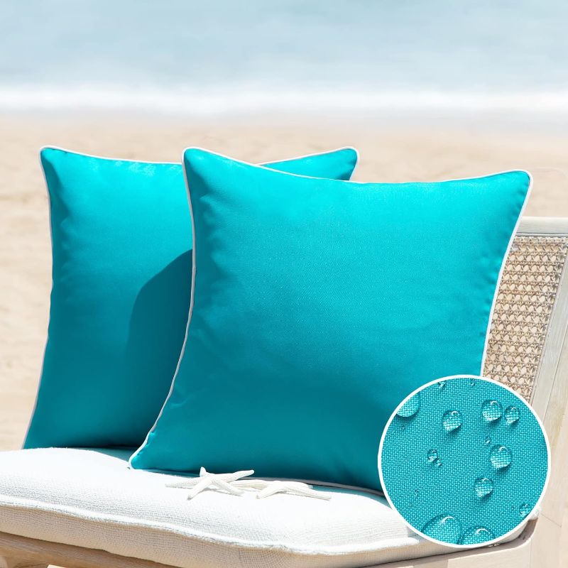 Photo 1 of Phantoscope Pack of 2 Outdoor Waterproof Solid Throw Decorative Pillow Cover Decorative Square Outdoor Pillows Cushion Case Patio Pillows for Couch Tent Sunbrella, Teal Blue 18x18 inches 45x45 cm