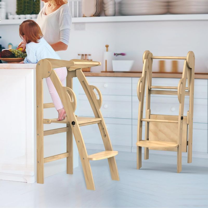 Photo 1 of Toddler Step Stool, Folding Wooden Step Stool, Montessori Toddler Tower, Kids Step Stool Toddler Tower, Kitchen Helper Stool for Toddlers, Toddler Tower Step Stool Kitchen Helper Standing Tower
