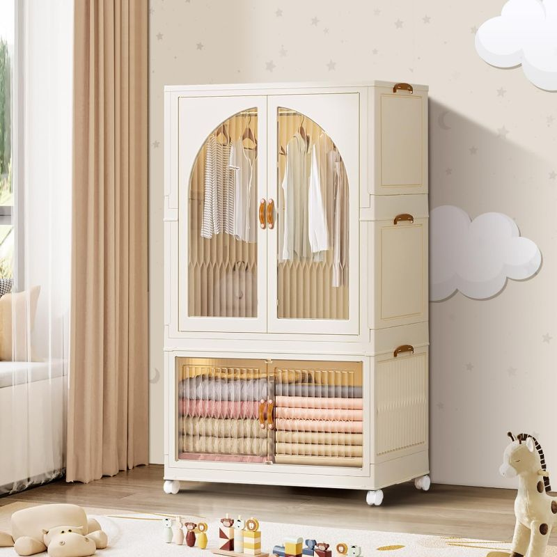 Photo 1 of EHAMILY Portable Kids Closet Children's Wardrobe Collapsible Plastic Large Baby Clothes Cabinet Bedroom Nursery Armoire Quick Install Toddler Dresser with Hanging Rod and Door,White
