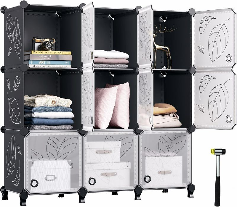 Photo 1 of GREENSTELL Closet Organizer, 9 Cube Storage Organizer with Doors, Portable Closet Storage Shelves, Modular Bookcase Closet Cabinet for Clothes, Books,Toys, (11.8x11.8x11.8 inch), Black + White Doors

