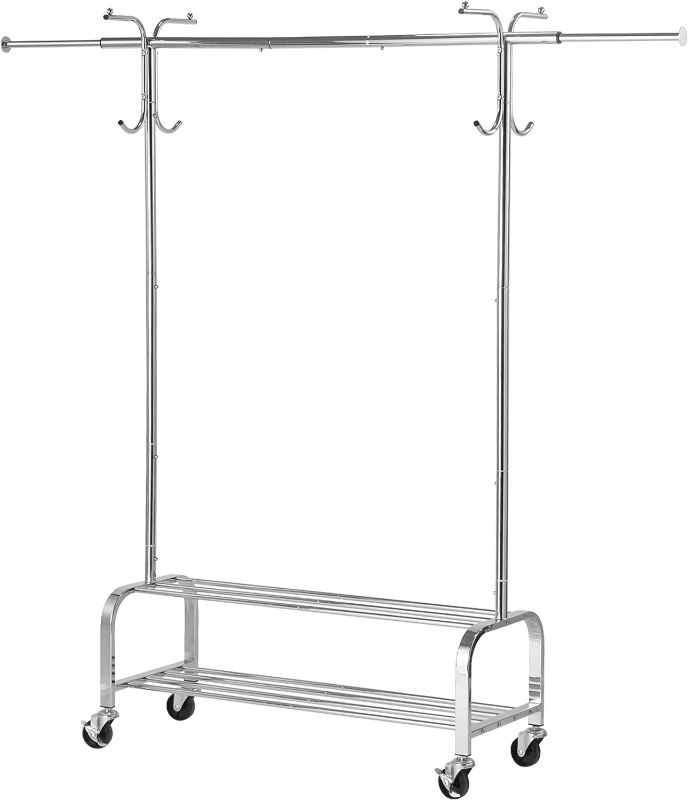 Photo 1 of HOUSE AGAIN Adjustable 3-in-1 Heavy Duty Clothing Rack with Shelves, 66" L, Clothes Rack for Hanging Clothes with Lockable Wheels, Rolling Garment Rack Commercial Grade, Freestanding, Chrome
