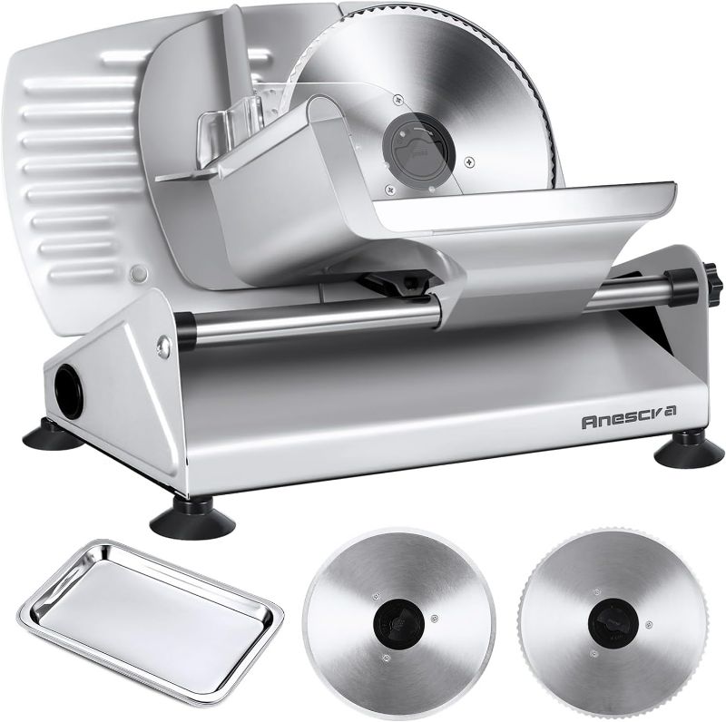 Photo 1 of Meat Slicer, Anescra 200W Electric Deli Food Slicer with Two Removable 7.5’’ Stainless Steel Blades and Food Carriage, 0-15mm Adjustable Thickness Meat Slicer for Home, Food Slicer Machine
