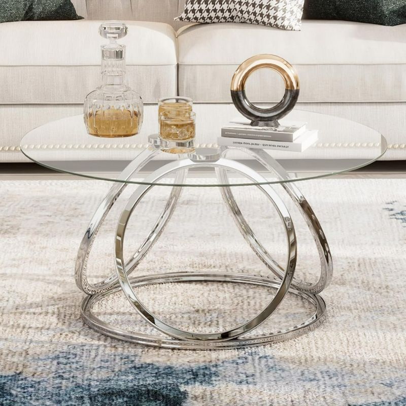 Photo 1 of O&K FURNITURE Round Coffee Table, Modern Silver Coffee Table Living Room Table with Ring-Shaped Frames, Glass Coffee Table for Home&Office, Chrome Finish, 1 PC
