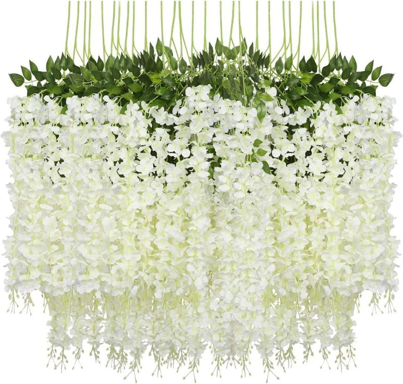 Photo 1 of Pauwer Wisteria Hanging Flowers 12 Pack Fake Flower Garland Artificial Wisteria Vines Rattan Silk Flower String Wedding Party Wall Decorations,White
