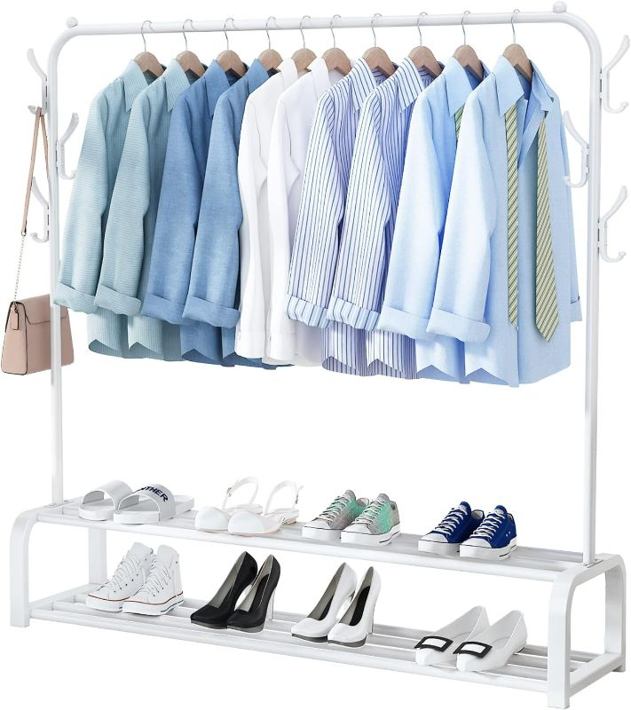 Photo 1 of UDEAR Garment Rack Free-standing Clothes Rack with Top Rod,Lower Storage and 8 Hooks, White
