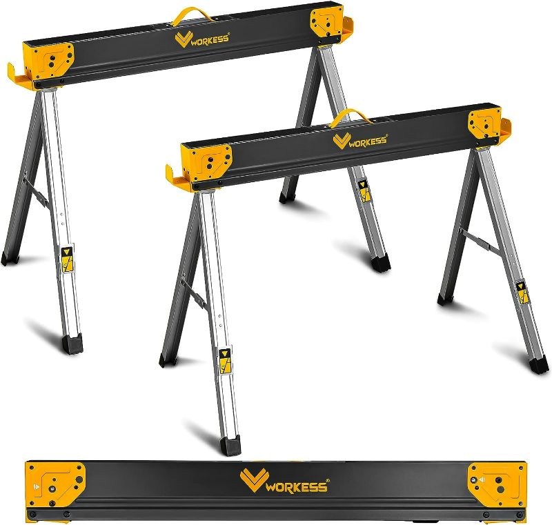 Photo 1 of WORKESS Saw Horses 2 Pack Folding, Heavy Duty Sawhorse Table 2600 Lbs Load Capacity with 2x4 Support Legs, Portable Folding and Fast Open Legs and Easy Grip Handle for Woodworking.
