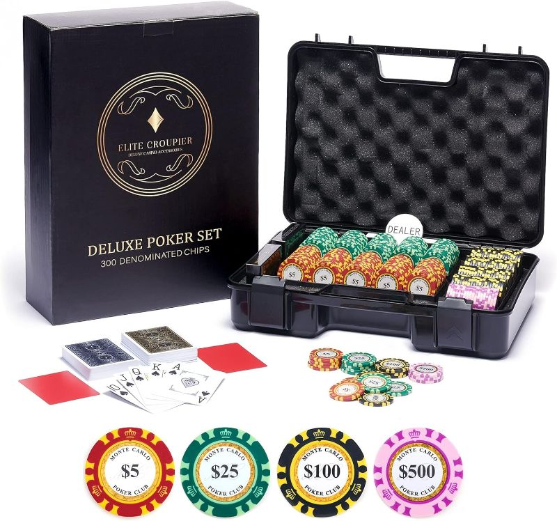 Photo 1 of Deluxe 300 Poker Chips Set - Poker Set 300 Chips, Shock Resistant Case, 2 Tones Monte Carlo Poker Chips (14g Clay Poker Chips with Denominations, Casino Chips) 100% PVC Cards, Cut Cards, Blackjack Set
