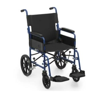 Photo 1 of Monicare *FDA APPROVED* Transport Wheelchair With 18 inch Seat, Folding Transport Chair with Swing Away Footrests and Flip Back Backrest, Folding Wheelchair for Storage and Travel, Blue
