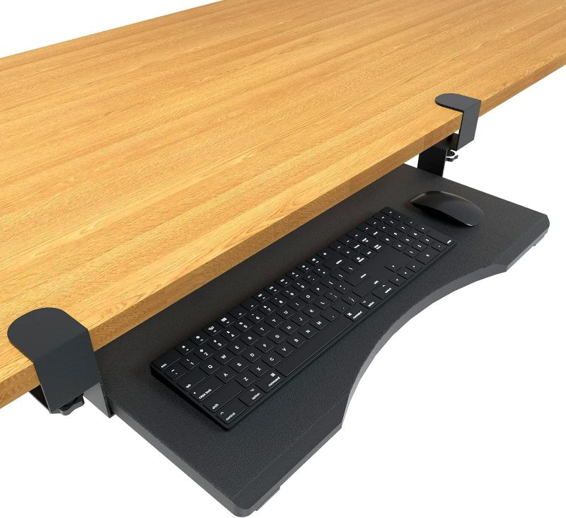 Photo 1 of Ergonomic Under Desk Keyboard Tray with Curved Design, C-Clamp Mount, Smooth Sliding Rails, and Durable Steel Construction for Comfortable and Efficient Workstation
