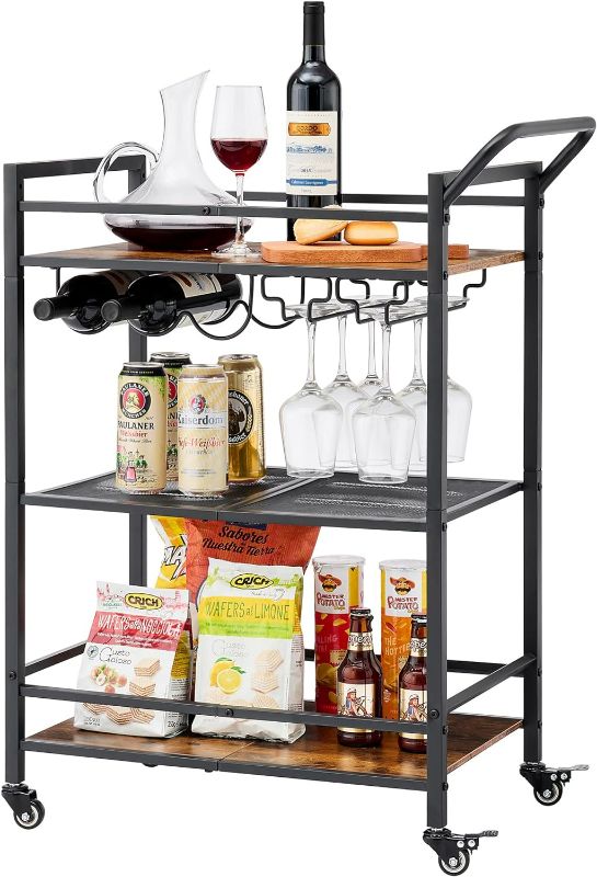 Photo 1 of Tajsoon 3-Tier Bar Cart, Mobile Bar Serving Cart, Industrial Style Wine Cart for Kitchen, Beverage Cart with Wine Rack and Glass Holder, Rolling Drink Trolley for Living Room, Rustic Brown
