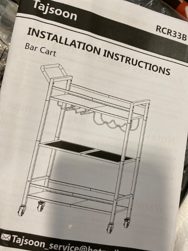 Photo 2 of Tajsoon 3-Tier Bar Cart, Mobile Bar Serving Cart, Industrial Style Wine Cart for Kitchen, Beverage Cart with Wine Rack and Glass Holder, Rolling Drink Trolley for Living Room, Rustic Brown
