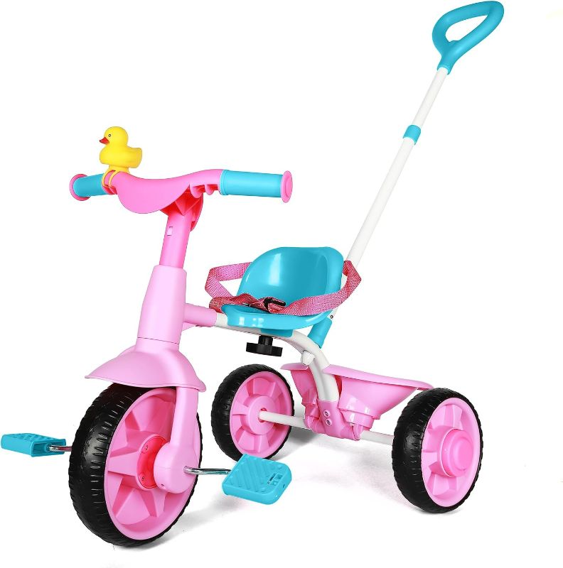 Photo 1 of KRIDDO 2 in 1 Kids Tricycles Age 18 Month to 3 Years, EVA Wheels Upgraded, Gift, Trikes for Toddlers 2 to 3 Year Old with Push Handle and Duck Bell, Pink
