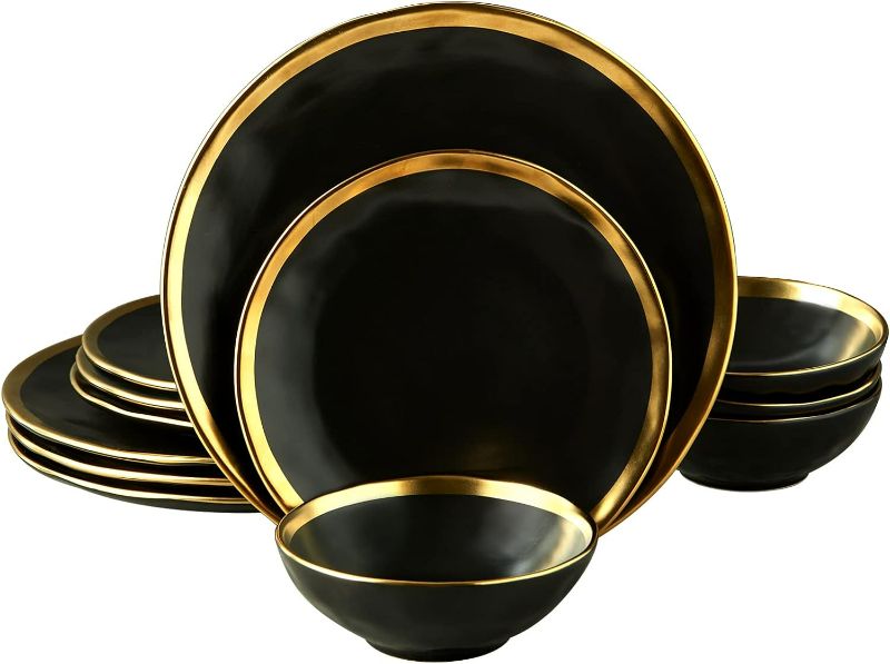 Photo 1 of Pokini Matte Black Plates and Bowls Sets, 10 Piece Dinnerware Sets Service for 4, Dishes, Round Plates, Bowls, Golden Rim Dish Set for Home Decor
