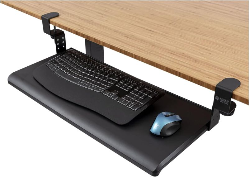 Photo 1 of Stand Up Desk Store Large Clamp-On Retractable Adjustable Height Under Desk Keyboard Tray | for Desks Up to 1.5" (Large, 33" Wide)
