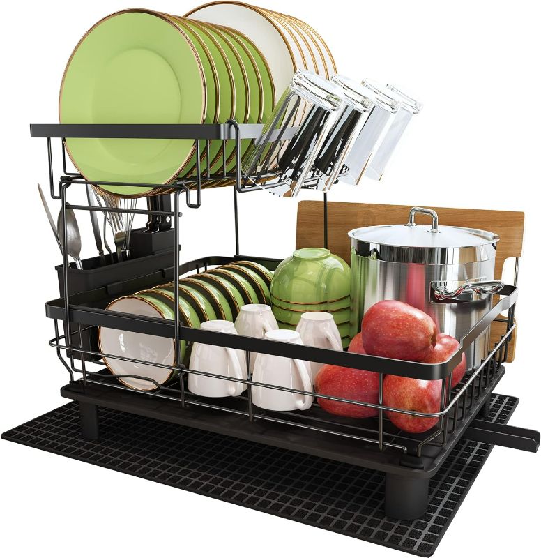 Photo 1 of Dish Drying Rack, 2 Tier Dish Racks for Kitchen Counter with Utensil Holder, Dish Drainer and Darinboard Set with Cup Holder, Cutting-Board Holder and Drying Mat (Black)
