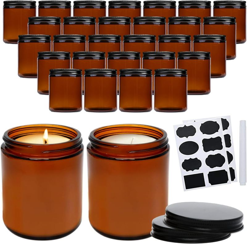 Photo 1 of QAPPDA 8oz Amber Candle Jars Set of 30,Round Glass Jars with Black Lids,Empty 250ml Glass Candle Making Jars Bulk Thick Small Food Storage Jars for Spice,Candy,Powder
