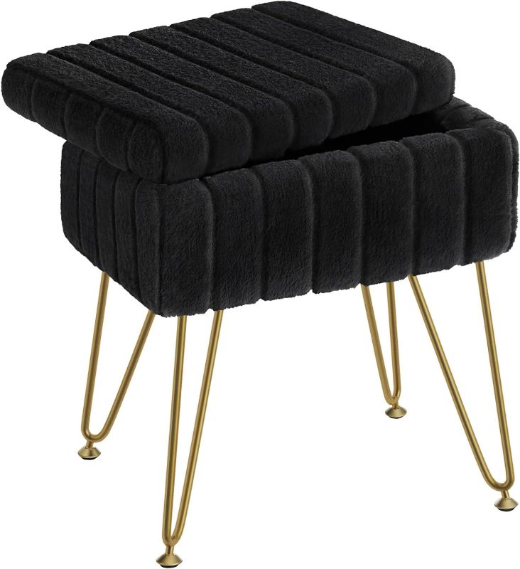Photo 1 of Greenstell Vanity Stool Chair Faux Fur with Storage, 15.7"L x 11.8"W x 19.4"H Soft Ottoman 4 Metal Legs with Anti-Slip Feet, Furry Padded Seat, Modern Multifunctional Chairs for Makeup, Bedroom Black
