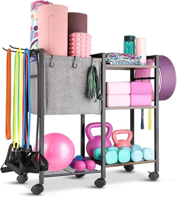 Photo 1 of Yoga Mat Storage Rack Home Gym Equipment Storage Organizer Yoga Mat Holder for Yoga Mat Foam Roller Dumbbells Kettlebells Resistance Bands and More Gym Accessories Women Men Workout Equipment Organization with Hooks and Wheels

