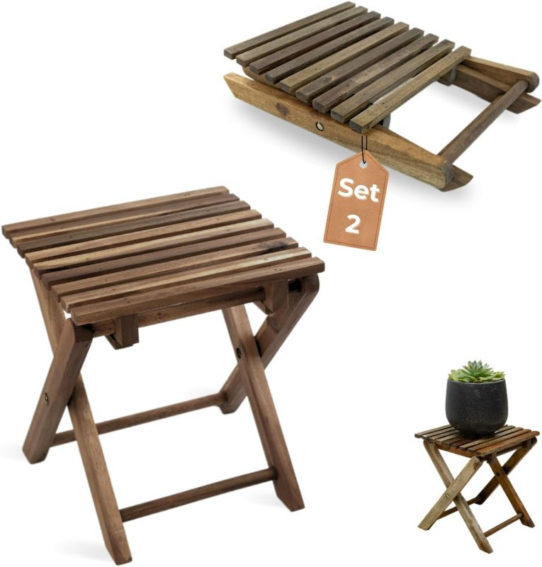 Photo 1 of TIMBERHOLM Pack of 2 Folding Side Tables Outdoor for Patio, Small Folding Table, Outdoor Table Small, Teak Table Outdoor, Foldable Table, Small Patio Side Table (Walnut, Square)
