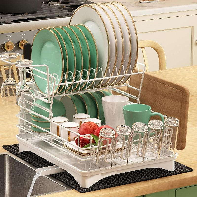 Photo 1 of Qienrrae Large Dish Drying Rack with Drainboard Set, Stainless Steel Dish Rack with Drainage, Wine Glass Holder, Utensil Holder and Extra Dryer Mat, 2 Tier Dishes Rack for Kitchen Counter, White
