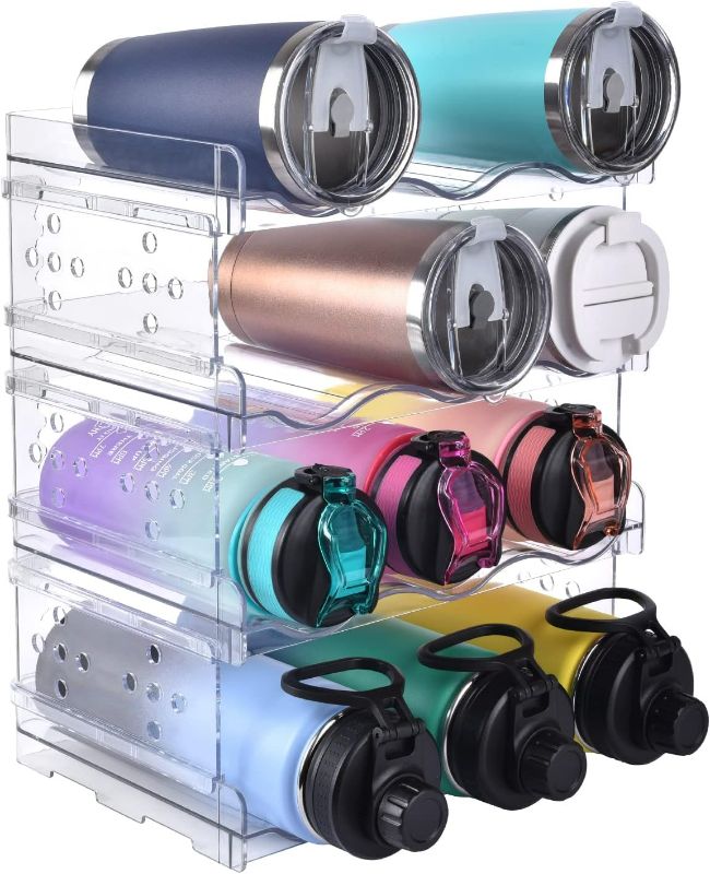 Photo 1 of 4 PACK Water Bottle Organizer for Cabinet, Stackable Kitchen Home Pantry Organization and Storage Shelves, Water Bottle Holder for Fridge Kitchen Cabinets Tumbler Travel Mug Cup Organizer
