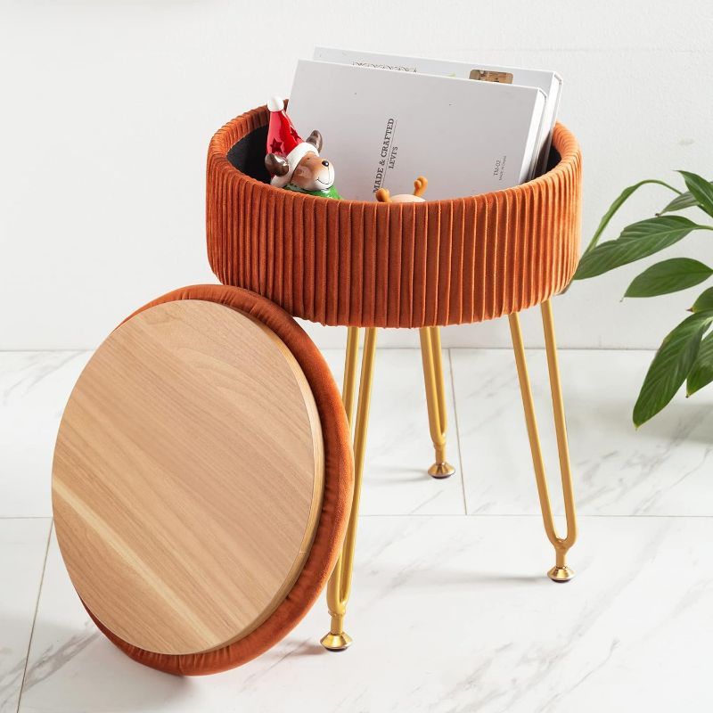 Photo 1 of LUE BONA Velvet Vanity Stool Chair for Makeup Room, Pumpkin Brown Vanity Stool with Gold Legs,18” Height, Small Storage Ottoman Foot Ottoman Rest for Living Room, Bathroom NEW 
