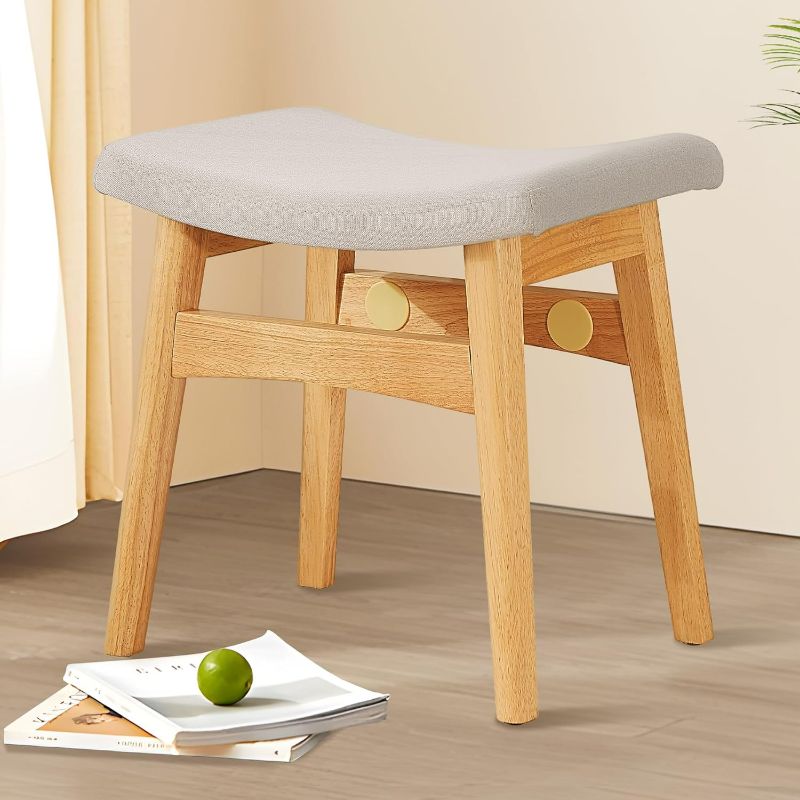 Photo 1 of COSTASKF Vanity Stool, Saddle Cushion Foot Stool, Modern Vanity Bench Ottoman with Solid Wood Legs and Upholstered Seat for Entryway, Bedroom,Wood Color Leg - Linen Colour Fabric Cushion
