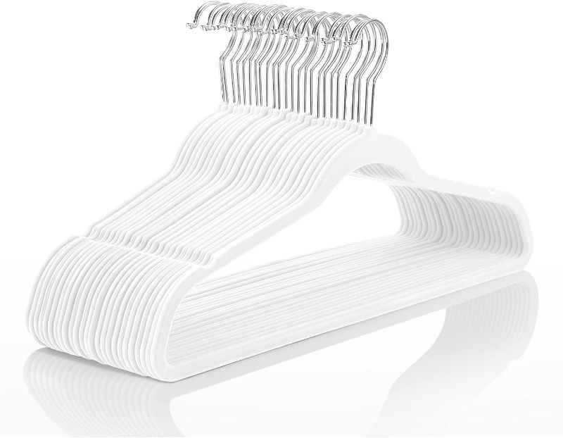 Photo 1 of MIZGI Premium Velvet Hangers (50 Pack) Heavy Duty - Non Slip Felt Hangers - Velvet Suit Hangers White - Chrome Hooks,Space Saving Clothes Hangers
