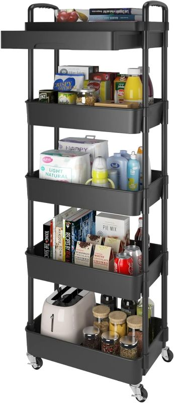 Photo 1 of Calmootey 5-Tier Rolling Utility Cart with Drawer,Multifunctional Storage Organizer with Plastic Shelf & Metal Wheels,Storage Cart for Kitchen,Bathroom,Living Room,Office,Black 5-Tier Black