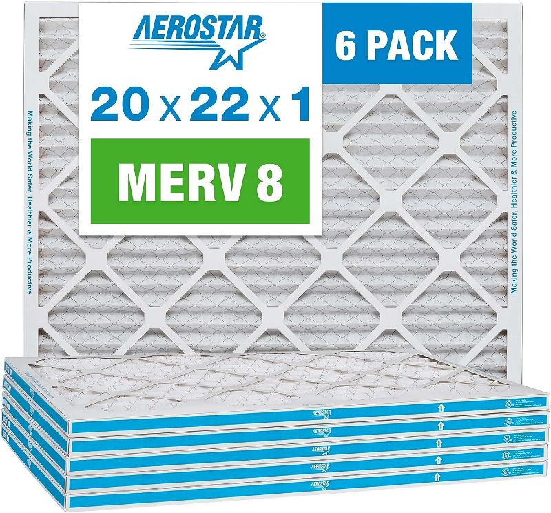 Photo 1 of Aerostar 20x22x1 MERV 8 Pleated Air Filter, AC Furnace Air Filter, Pack of 6 (Actual Size: 19 3/4"x21 3/4"x3/4")

