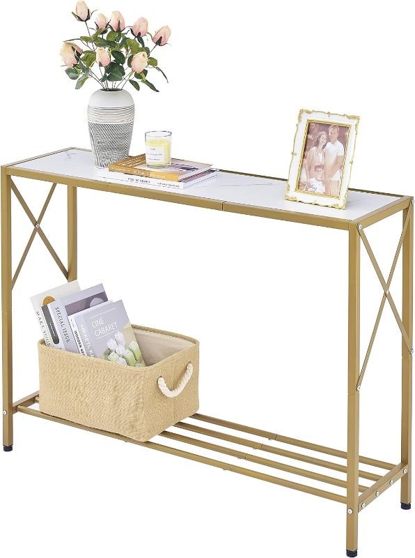 Photo 1 of Tajsoon Console Table, entryway Table, Narrow Sofa Table with Shelves, Entrance Table for Hallway, Entryway, Living Room, Foyer, Corridor, Office, Gold & White

