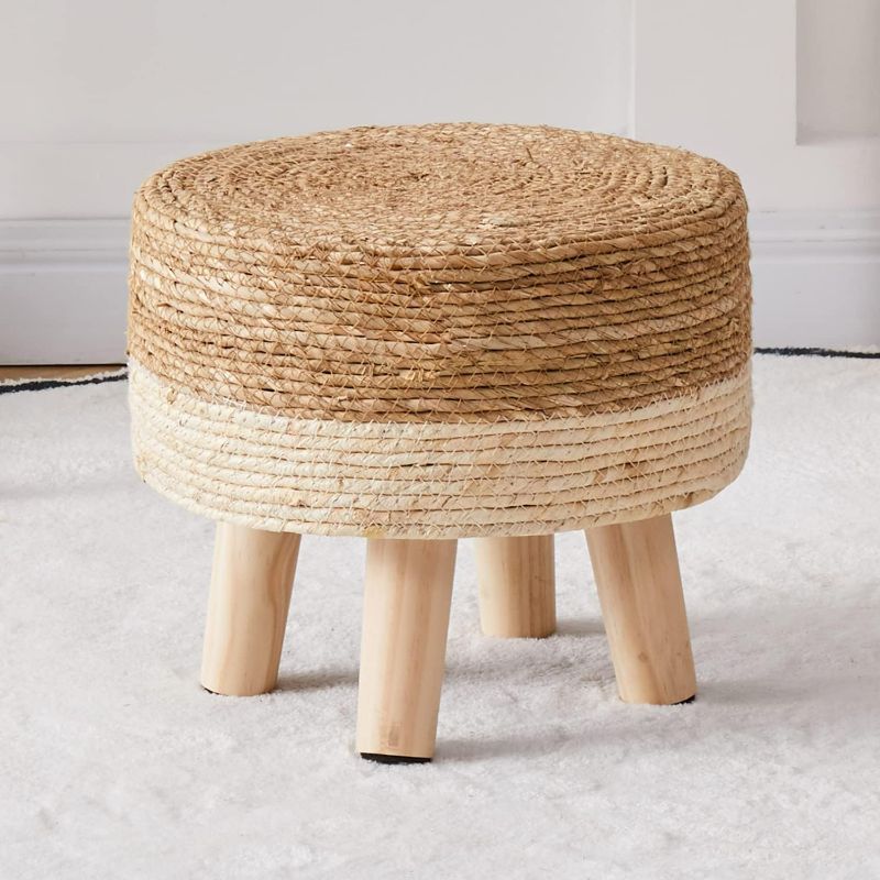Photo 1 of Cpintltr Foot Stool Natural Seagrass Hand Weave Poufs Round Ottoman for Couch Desk Soft Step Stool Padded Foot Rest with Non-Skid Pine Legs for Hallway Office Lounge Natural/White

