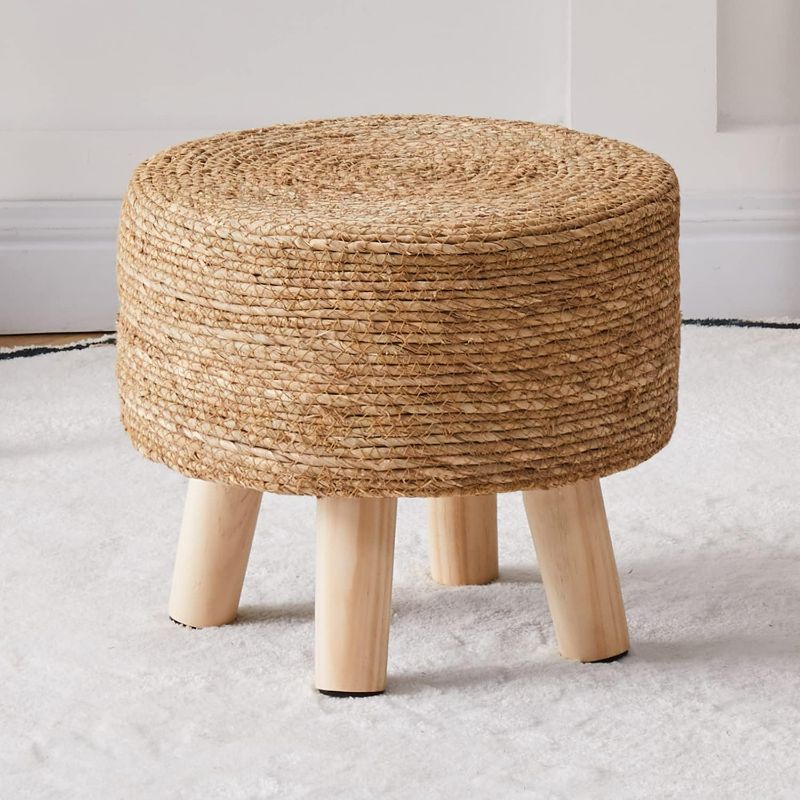 Photo 1 of Cpintltr Foot Stool Natural Seagrass Hand Weave Poufs Round Ottoman for Couch Desk Soft Step Stool Padded Foot Rest with Non-Skid Pine Legs for Hallway Office Lounge Natural
