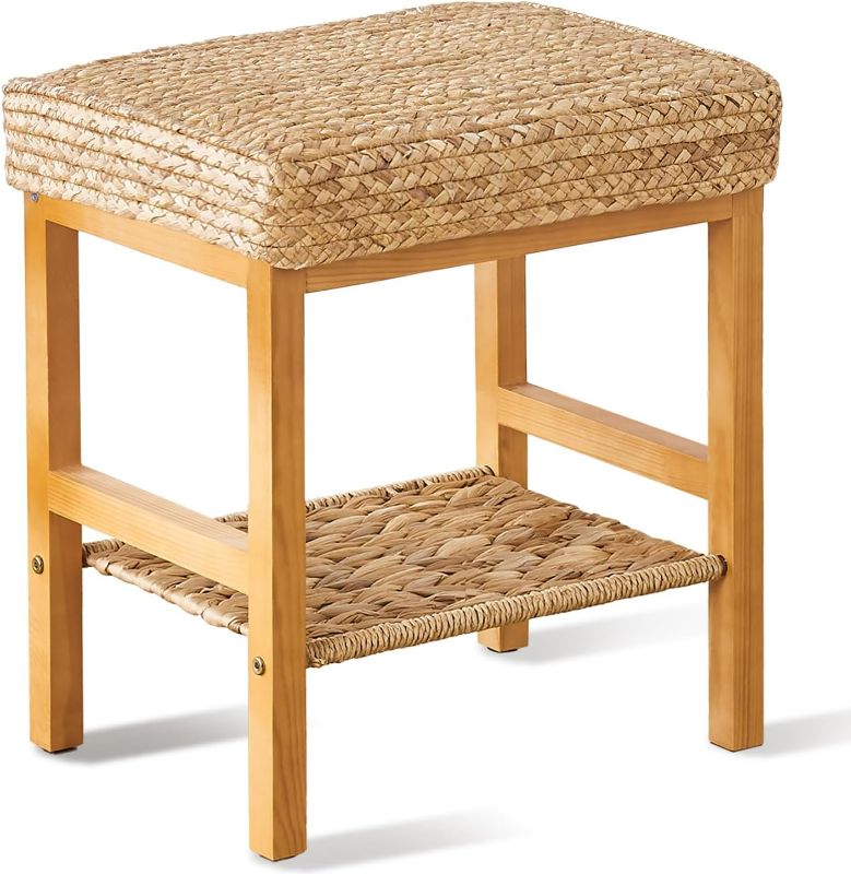Photo 1 of Cpintltr Foot Stool Natural Seagrass Hand Weave Poufs Square Ottoman Bench Modern Dressing Stool Small Stool Side Table Footstool with Wood Legs Vanity Stool for Bathroom Living Room Natural
