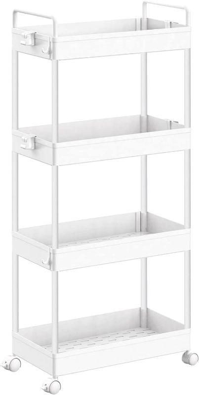 Photo 1 of SOLEJAZZ Rolling Storage Cart, 4 Tier Bathroom Organizer Slide Out Utility Cart, Mobile Shelving Unit Organizer Standing Rack for Kitchen, Bathroom, Laundry Room, White
