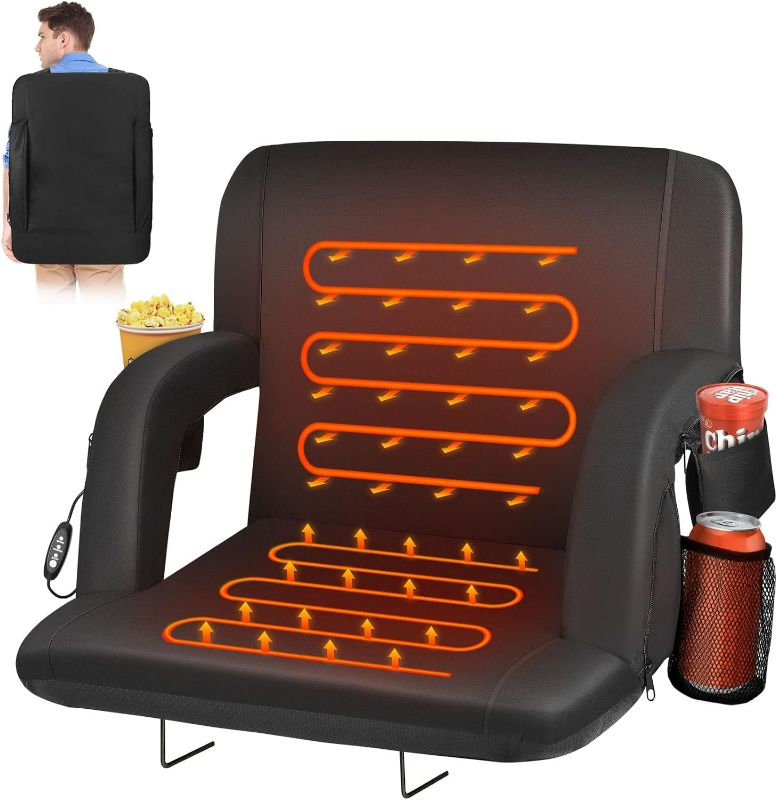 Photo 1 of HOPERAN Heated Stadium Seats for Bleachers with Back Support and Wide Cushion, Extra Portable Bleacher Seat Foldable Stadium Chair, USB 3 Levels of Heat, 5 Pockets, for Outdoor Camping Games Sports
