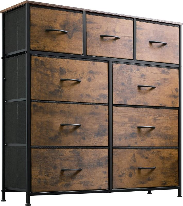 Photo 1 of WLIVE 9-Drawer Dresser, Fabric Storage Tower for Bedroom, Hallway, Nursery, Closet, Tall Chest Organizer Unit with Bins, Steel Frame, Wood Top, Easy Pull Handle, Rustic Brown Wood Grain Print
