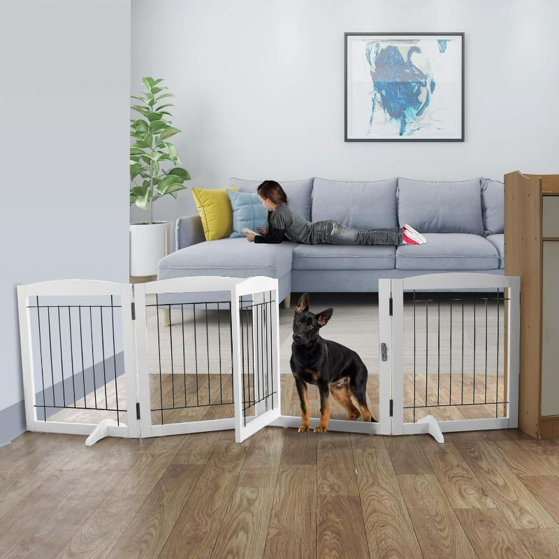 Photo 1 of ZJSF Freestanding Foldable Dog Gate with Door Walk Through Wooden Extra Wide White Indoor Puppy Gate 4 Panels Tall Pet Gate Dog Gates for The House Dog Fence 24''H
