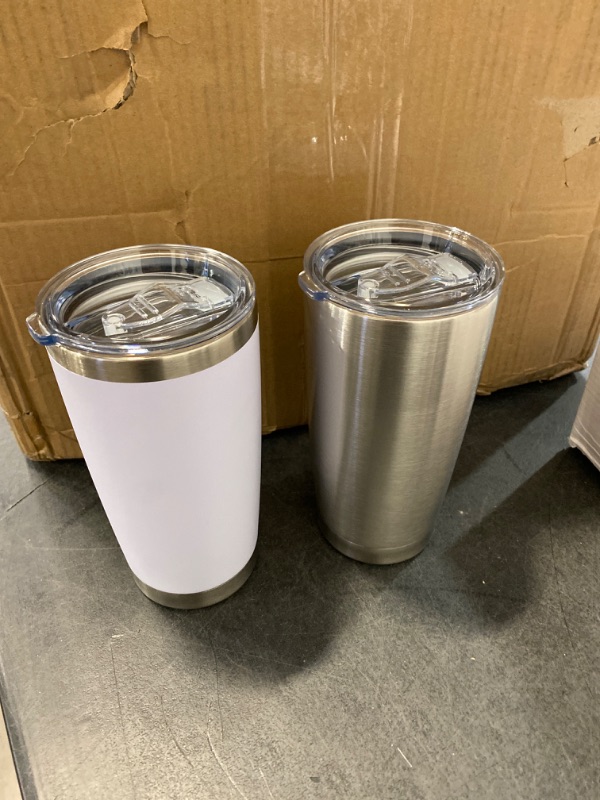 Photo 2 of 2 Piece Stainless Steel Insulated Barrel Shaped 20 Ounce Travel Tumbler Hot or Cold Coffee Mug Cup (White/Silver)