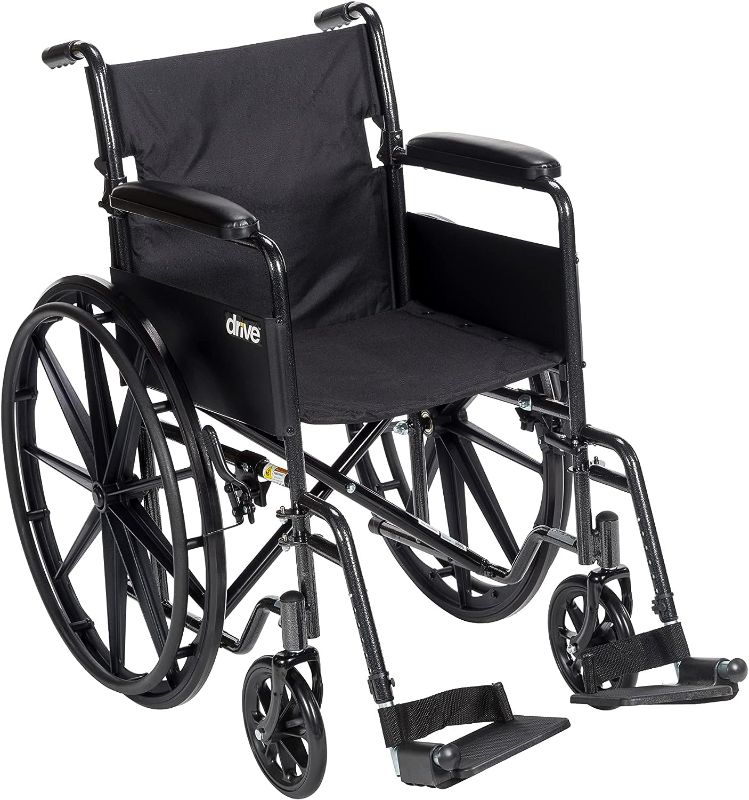 Photo 1 of Drive Medical  Silver Sport 1 Folding Transport Wheelchair with Full Arms and Removable Swing-Away Footrest, Black
