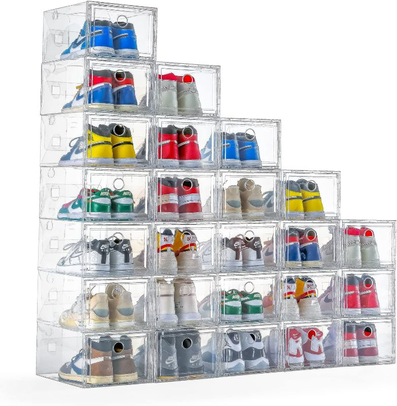 Photo 1 of 12 Pack Shoe Storage Box Clear Plastic Stackable Drop Front Shoe Organizer Space Saving Foldable Shoe Container Bin Fit up to US Size 12 (transparent) NEW 