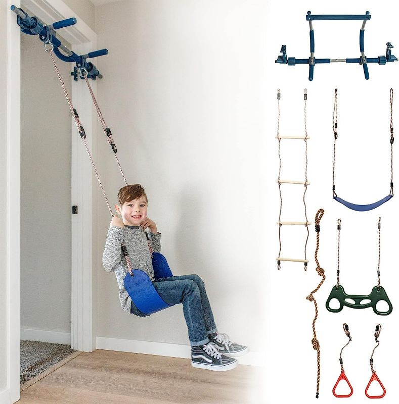 Photo 1 of Gym1 Indoor Home Playground Bundle, 8 Pieces Total: 2 Pull-Up Bar Core Units, Red Plastic Swing, Blue Plastic Swing, Rings, Trapeze, Climbing Rope, and Climbing Ladder; for Indoor Fitness and Fun