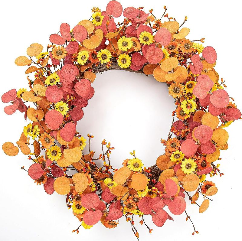 Photo 1 of DIYFLORU Thinksgiving Wreath for Front Door 17 inch Autumn Door Wreath Fall Eucalyptus Wreath with Daisy for Thanksgiving Harvest Festival Indoors Outside
