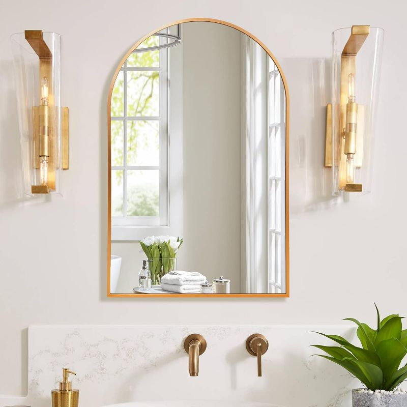 Photo 1 of Gold Arch Mirror 20 x 30 Inch, Bathroom Arched Mirror in Aluminum Alloy Frame, Brushed Gold Arched Wall Mirror for Entryway, Bedroom, Mantel, Hallway, Salon (Gold, 20" x 30")
