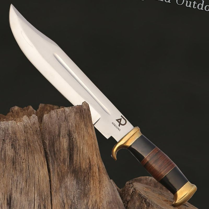 Photo 1 of ad&sons Bowie Knife, Custom Handmade D2 Stainless Steel Fixed Blade Bowie Knife With Sheath Full Tang 18 Inches, Buffalo Horn And Leather Spacer Handle
