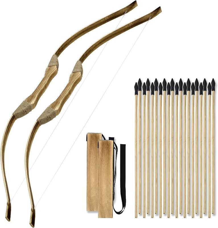 Photo 1 of Wooden Bow and Arrow Set, Handmade 32 Inch Toy Bow and Arrow for Kids 4-6 8-12, 2 Bows 2 Quivers and  Wood Arrows, Archery Set Outdoor and Indoor Games Toys, Gifts for Kids Youth Boys and Girls
