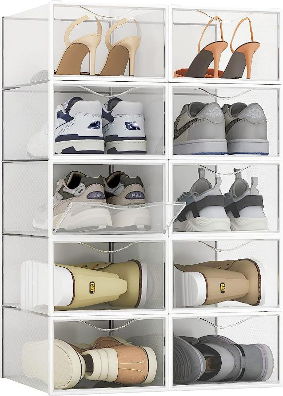 Photo 1 of Shoe Storage Boxes, Clear Plastic Stackable Shoe Organizer Bins, 10 Pack Shoe Sneaker Holder Containers
