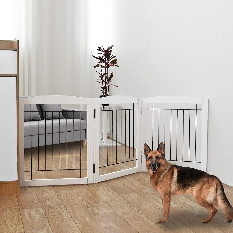 Photo 1 of ZJSF Freestanding Foldable Dog Gate for House Extra Wide Wooden White Indoor Puppy Gate Stairs Dog Gates Doorways Pet Gate Tall Dog Fence 3 Panels Fence
