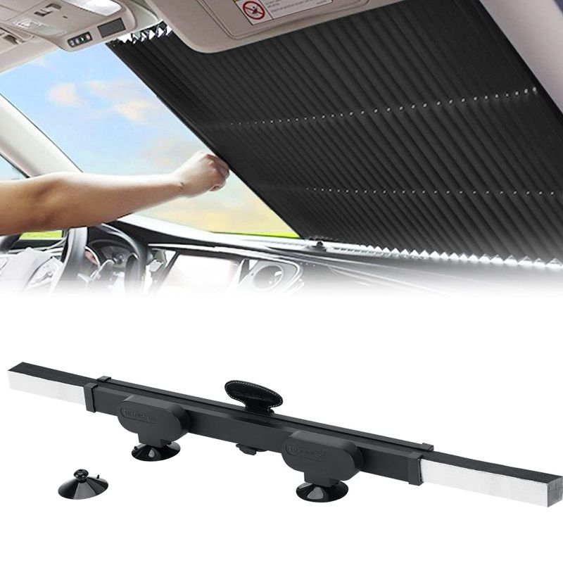 Photo 1 of Retractable Windshield Sun Shade for Car, Large Sun Visor Protector Blocks 99% UV Rays to Keep Your Vehicle Cool, Auto Sunshade Fits Front Window of Various Models with Suction Cups 2021 New 25.6" x 60"max